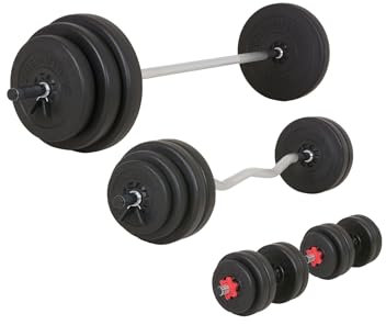 110 kg Hantelset aus 1,6m Langhantelstange, 1,3m Curlstange, 2 x 45cm Kurzstange und Hantelscheiben (4 x 1,25kg, 10 x 2,5kg, 8 x 5kg, 4 x 10kg)
