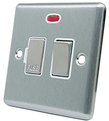 Satin Chrome Classical Switched Fused Spur w/Neon White Insert Metal Rocker Switch - 13 Amp Switched Fused Connection Unit with Neon Indicator