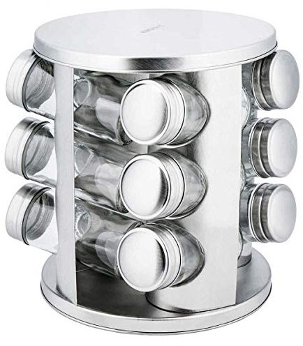 KING HOFF Kinghoff 12 ou 16 – en Acier Inoxydable en Verre Pot à épices tournant à épices Carrousel Support avec Couvercle, Acier Inoxydable, Silver, 12 Pots