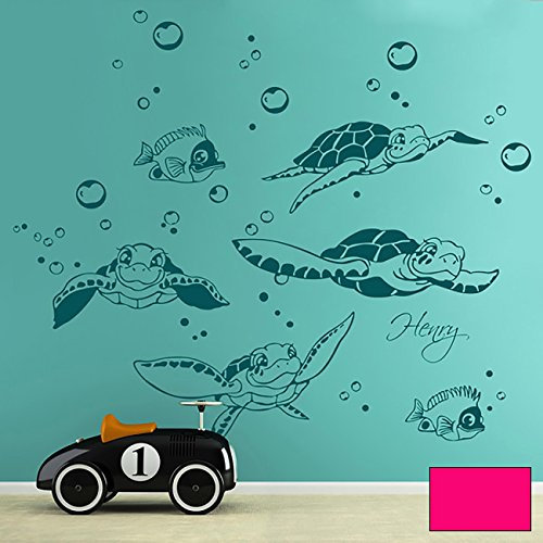Wandtattoo Wandaufkleber Schildkröten Turtles mit Fischen Wasserblasen und Wunschnamen M1755 - ausgewählte Farbe: *Pink* - ausgewählte Größe: *XXL - 160cm breit x 120cm hoch*