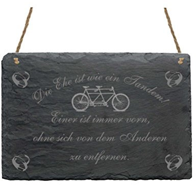 Schiefertafel « EHE IST WIE EIN TANDEM... » Schild mit Spruch und Motiv - Geschenk für Hochzeit Trauung Eheschließung