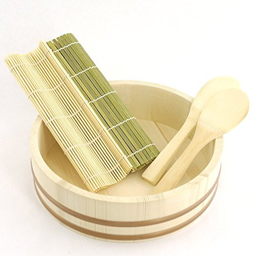 BambooMN 10.6 Hangiri Oke Sushi Rice Cooling Bowl/Tub with 5 Pieces Sushi Making Serving Accessory Kit - Small