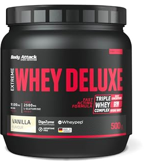 Body Attack Extreme Whey Deluxe - Vanilla Cream, 500g - Made in Germany - Eiweißpulver mit Aminosäuren, Triple-Complex, CFM Whey Isolate, perfekt lösliches Protein-Pulver, fettarm, zuckerarm