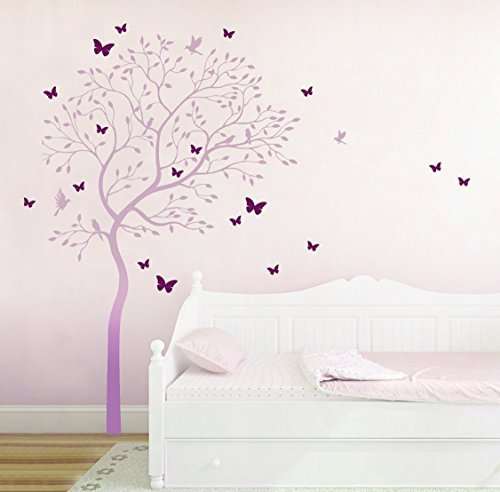 Wandtattoo Wandaufkleber Baum mit Kolibris und Schmetterlinge M1535 zweifarbig - ausgewählte Farbe: *Flieder/Lila* - ausgewählte Größe: XXL 137cm breit x 200cm hoch