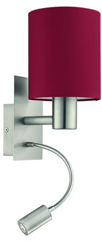EGLO Wandlampe Bett Pasteri Textil Wandleuchte | Schlafzimmer mit LED Leseleuchte, Leselampe Wandmontage aus Metall in Silber und Stoff in Weinrot-Braun, E27 Fassung