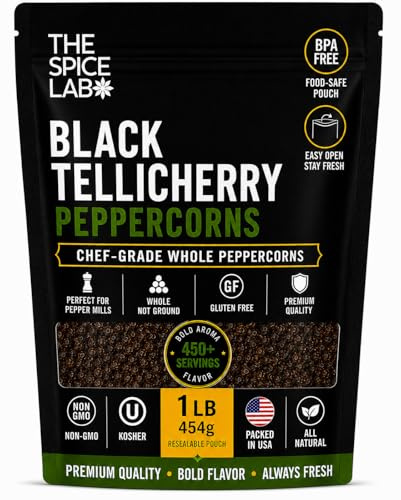 The Spice Lab Black Tellicherry Peppercorns for Grinder, 1 lb Bag