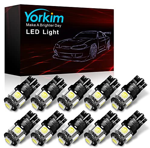 Yorkim 501 LED Bulbs Super Bright W5W Bulb T10 LED Bulbs 194 168 Bulb 5-SMD 5050 LED Car Sidelight Interior Dome Map Lights Number Plate Bulb Xenon White 6000k, Pack of 10