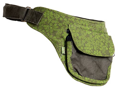 Vishes- Alternative Bekleidung - Bauchtasche aus Cord Baumwolle - Blumen Bedruckt Olive