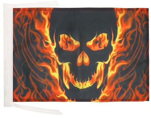 BANDIERA TESCHIO CON FUOCO 45x30cm - BANDIERINA DEI PIRATI – PIRATA 30 x 45 cm cordicelle - AZ FLAG