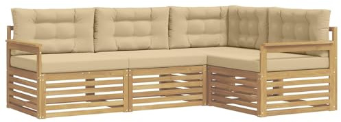 vidaXL Outdoor-Sofagarnitur mit Kissen 5 pcs Weiß und Beige Polyester, Patio Lounge, modernes Outdoor-Sofa, wetterbeständige Eckbank, robuster Gartenmöbel, Bequeme Terrassenbestuhlung