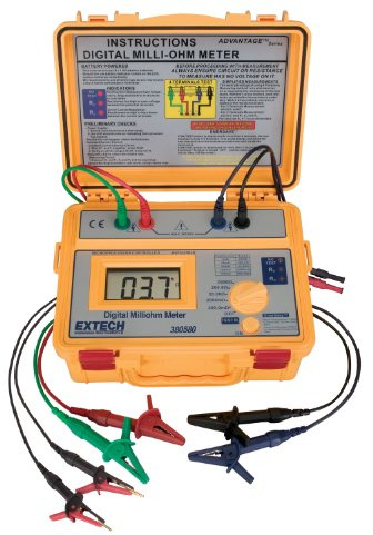 Extech 380580 Batteriebetriebenes Milliohmmeter, Kelvin 4-Leiter | Auflösung 100uOhm, Übertemp./Spannungsschutz, wasserfestes Gehäuse, Kelvin-Leitungen, 8 AA, Trageband