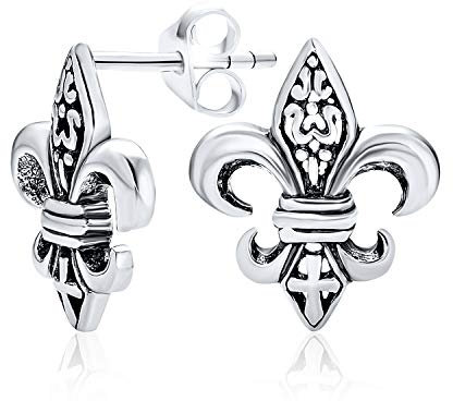 Boucles D'Oreilles Unisexes Symbole Ancien Fleur De Lys Pour Femmes Hommes Adolescents En Argent Sterling Oxydé .925