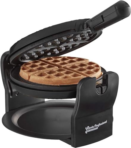 Cooks Professional Belgian Waffle Maker 920W | Powerful Electric Rotary Luxury Waffle Machine with Non-Stick Cooking Plates, Locking Mechanism, Folding Handle & Drip Tray | Easy Clean | Black