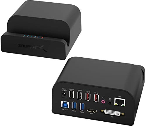 SABRENT USB Docking Station mit Netzteil, 2 Videoausgang (HDMI und DVI), RJ45 Ethernet, Audio, 4 USB Ports, 2 USB Schnellladegerät (DS-RICA)