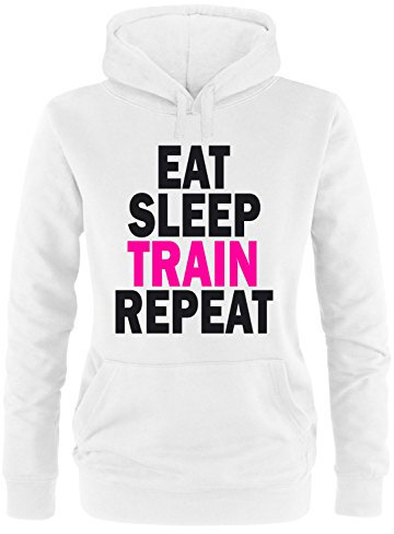 Luckja Eat Sleep Train Repeat Damen Hoodie Weiss-Schwarz/Neonpink Grösse S