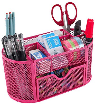 EasyPAG Office Mesh Desk Tidy Versatile Stationery Storage Desktop Organiser Pen Holder with Drawer,Pink