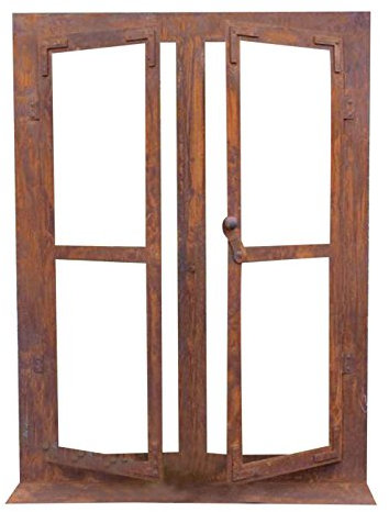 Finestra decorativa in ferro ruggine su piastra 80 x 60 cm, entrambe le ali sono apribili
