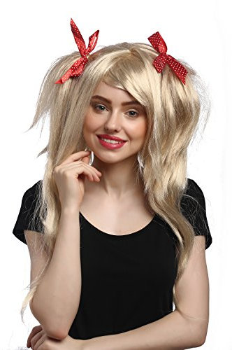 WIG ME UP - 91063-ZA83 Perücke Damen Karneval Cosplay Wild Glatt Zöpfe Volumen Blond Hellblond rote Schleifen Gothic Lolita