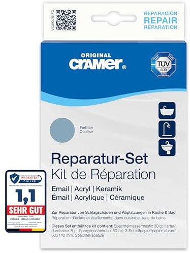 Cramer Kit de réparation bleu bermude pour baignoires, receveurs de douche et lavabos – Solution professionnelle pour réparer les dommages causés par les chocs et les éclats sur l'émail, la céramique