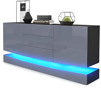 Vladon Sideboard City, Made in Germany, Schwarz matt/Grau Hochglanz inkl. LED - Moderne Kommode für Ihr Wohnbereich (178 x 72 x 38 cm)
