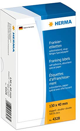 HERMA 4328 Frankieretiketten für Frankiermaschinen, doppelt, 130 x 40 mm, 500 Stück, selbstklebend, matt, 2fach Papier Frankier-Etiketten Klebeetiketten Aufkleber, weiß