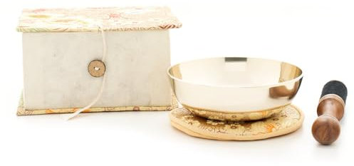 Klangschale flach (300g), mit Unterlage, Klöppel, Geschenkkarton mit Stoffbezug