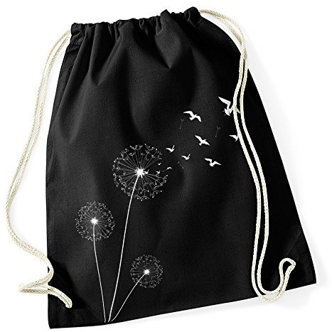 Autiga Turnbeutel Pusteblume Vögel Birds Hipster Beutel Tasche Jutebeutel Dandelion Gymsac Stringbag Drawstring schwarz