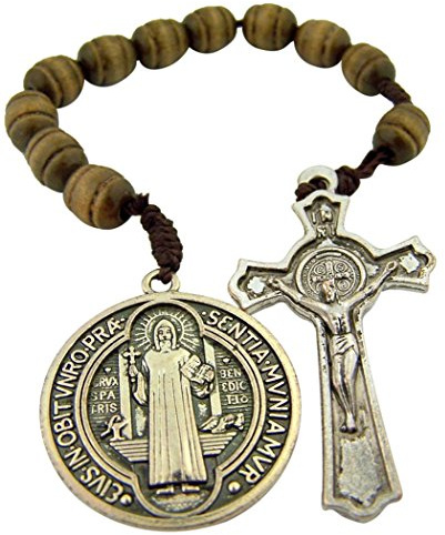 Religious Gifts Taschenrosenkranz aus Holz, braun, mit Benedikt-Medaille und Kruzifix, 20 cm, Holz