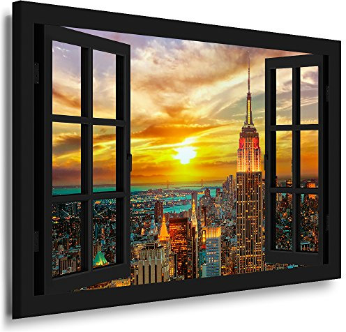 Boikal - Wandbilder Fensterblick 60 x 50 cm Leinwandbild modern Kunstdrucke Wanddesign Wanddekoration Wanddeko Grau Fenster Bild New York City Brüke Sonne XXL212-16
