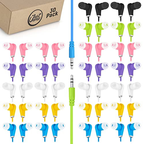 JustJamz Earbuds Bulk Bits, 30 Pack | Multicolored Earbuds Pack, in-Ear 3.5mm Stereo in-Ear Headphones, Ear Buds Bulk, Disposable Headphones, Multi-Color Earphones | School, Classroom, Library