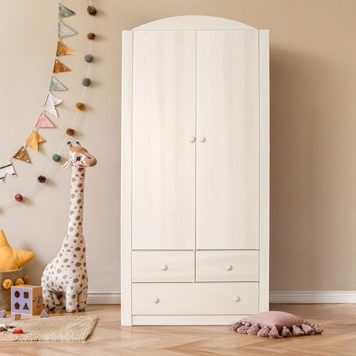 BioKinder Kinder-Kleiderschrank Schrank Noah 2-türiger Schrank mit 3 Schubladen aus zertifizierten Bio-Massivholz Kiefer Naturweiß 197 x 90 x 57 cm