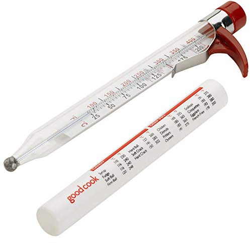GoodCook Everyday Candy & Deep Fry Thermometer Glass Tube Construction with Built-In Pan Clip Includes Fahrenheit & Celsius Measurements & Protective Storage Sleeve, Red