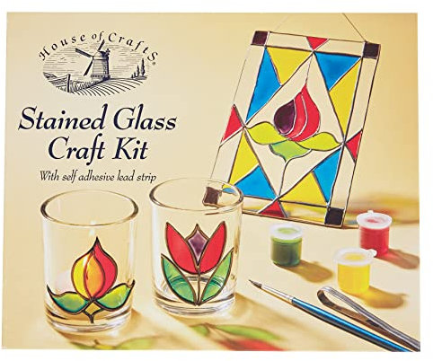 House of Crafts Buntglas-Bastelset, Einzel-Bastelset, Mehrfarbig, inklusive 2 Glas-Votivkerzen, Glas-Sonnenfänger, Selbstklebender Bleistreifen, 5 Glasfarben, Pinsel, Saugnapf, Anleitung/Muster