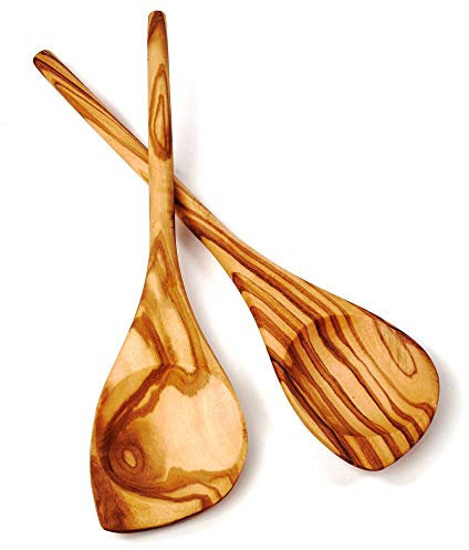 DAS OLIVENHOLZBRETT® Kochlöffel aus Olivenholz mit rundem Stiel und einer Ecke, ca. 30cm im 2er set