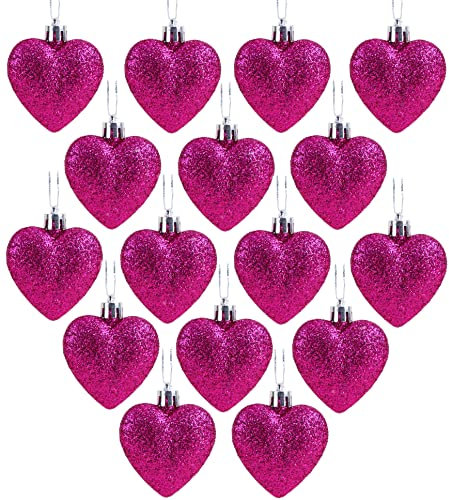 Christmas Concepts® Pack of 16 - Glitter Heart Shaped Baubles - Christmas Tree Decorations (Hot Pink)