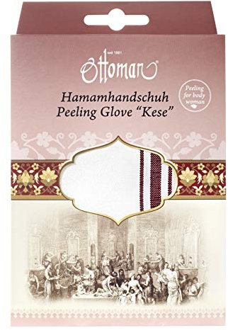 Ottoman Peelinghandschuh Hamam Kese – Traditioneller Körper-Peelinghandschuh mit grober Textur, weiß mit bordeaux Streifen, für erfrischte Hautpflege (Luxus)