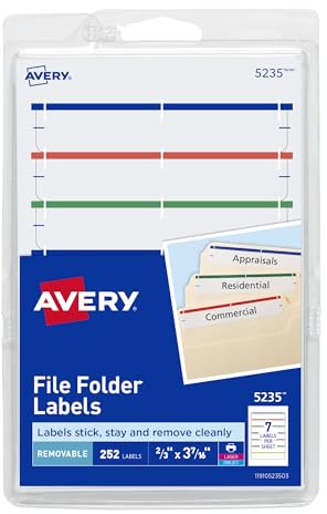 Avery File Folder Labels on 4 x 6 Sheets, Removable Adhesive, Assorted, 2/3 x 3-7/16, 252 Labels (5235)