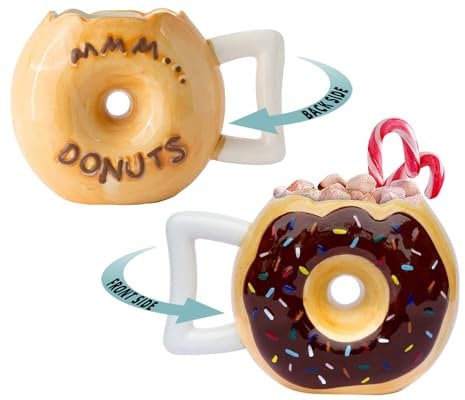 Ceramic Donut Mug - Delicious Chocolate Glaze Doughnut Mug with Sprinkles - Funny MMM... Donuts! Quote - Best Cup for Coffee, Tea, and More - Large 14 oz Size - Funny Coffee Mug Gift