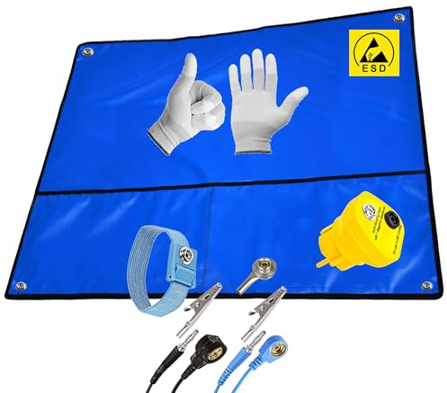 Minadax 80×60 cm ESD SET Antistatische Arbeitsmatte Tischmatte Unterlage | Tragbar & Faltbar + Erdungstecker + Manschette + Erdungskabel + ESD Handschuhe - Schutz vor Entladungsschäden