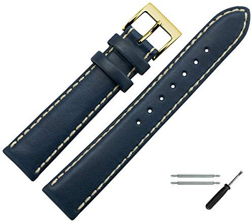 MARBURGER Uhrenarmband 18mm Leder Blau Gold Glatt Mit Naht - Montage Set 8061851000220