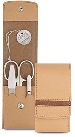 nippes Solingen Maniküre Set GAP, 3-teilig, Rindleder-Etui mit Druckknopf, Beige mit braunem Kontraststreifen, Nagelpflege Set, Nagelschere Set, Made in Germany