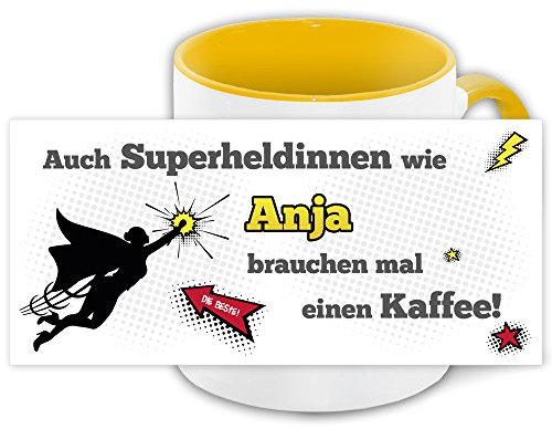 Namens-Tasse Anja mit Superheldinnen-Motiv für Kaffeetrinker, gelb/weiss