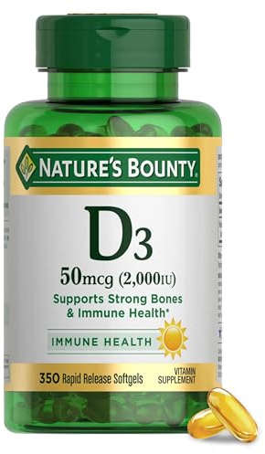 Nature's Bounty Vitamin D3 2000 IU | Supports Immune Health, Calcium Absorption & Bone Strength | Essential for Healthy Bones | Non-GMO, No-Gluten | 350 Softgels, 1 Serving Per Day for Daily Health