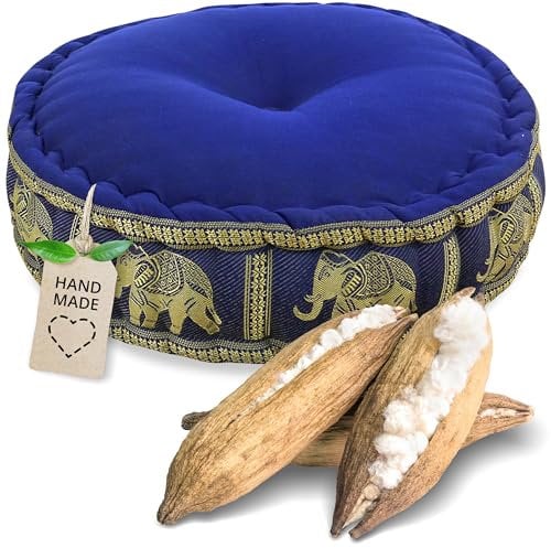 livasia Meditationskissen mit Thaiseide - Ø 45x15cm - Yogakissen mit Kapok, Pouf, Bodenkissen für Yoga und Zen Meditation, Sitzkissen für Garten und Balkon, Zafukissen (Blau/Elefanten Seide)