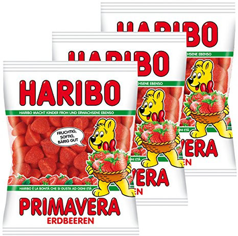 Haribo Primavera Fraises, lot de 3 sachets, bonbons gélifiés en sachet