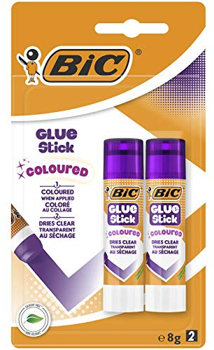 BIC Coloured Glue Stick - Pack of 2 - Purple Glue (Dries Clear) - Washable from hands and clothing - Solvent-Free, 8 g each