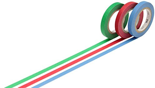 MT Masking Tape Slim Set de 3 rouleaux adhésifs de décoration en papier washi 6mm x 7m, Unis H (Bleu, Rouge, Vert)