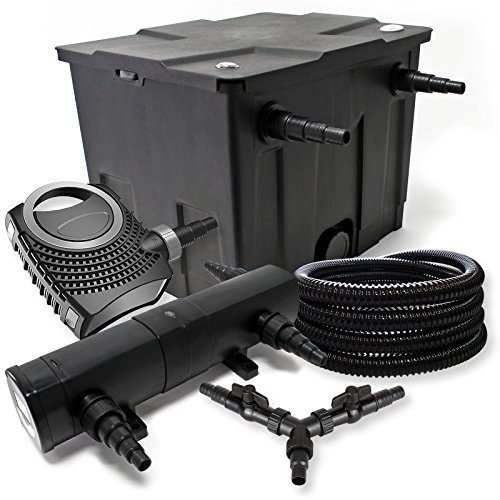SunSun Komplettset: CBF-350 Teichfilter bis 12000 L Teichfilteranlage als Durchlauffilter, CTF-8000 Teichpumpe 8000l/h 70W, CUV-224 Teichklärer UVC Klärer mit 24W, 25m Teichschlauch 25 mm, Y-Verteiler