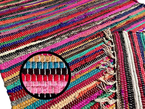 ORNAMENT QUALITÄT Fleckerlteppich 140x70 cm Kelim Handgewebt MARIABACH Beidseitig nutzbar 2000g/m Flickenteppich Fleckerlteppich Läufer