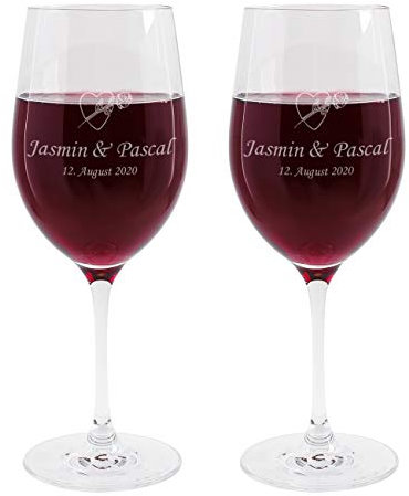 Leonardo 2 Weingläser mit gratis Gravur zur Hochzeit mit Namen + Datum - Rosen Herz